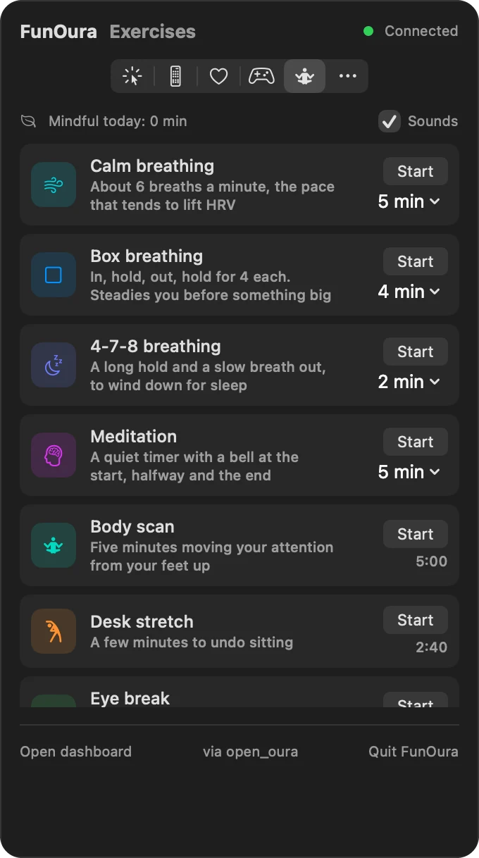 The Exercises tab: calm, box and 4-7-8 breathing, meditation, body scan, desk stretch and eye break