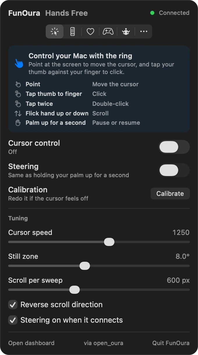 The Hands Free tab: cursor control, steering, calibration and tuning sliders